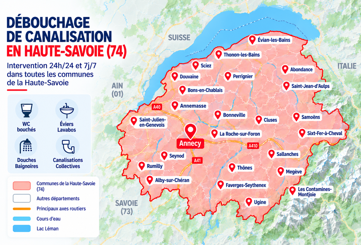 Carte des zones d'intervention pour le débouchage de canalisation en Haute-Savoie (74)